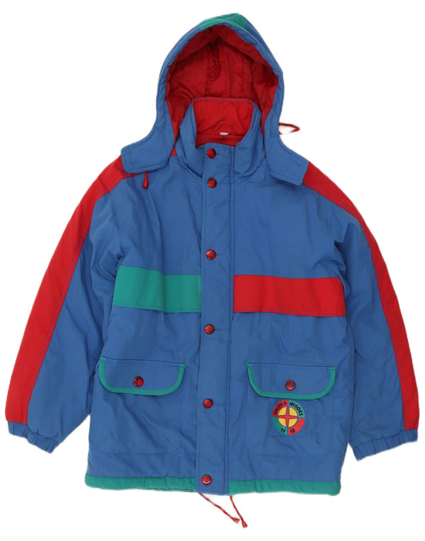 veste de ski à capuche graphique vintage pour homme UK 40 Grand colorblock bleu