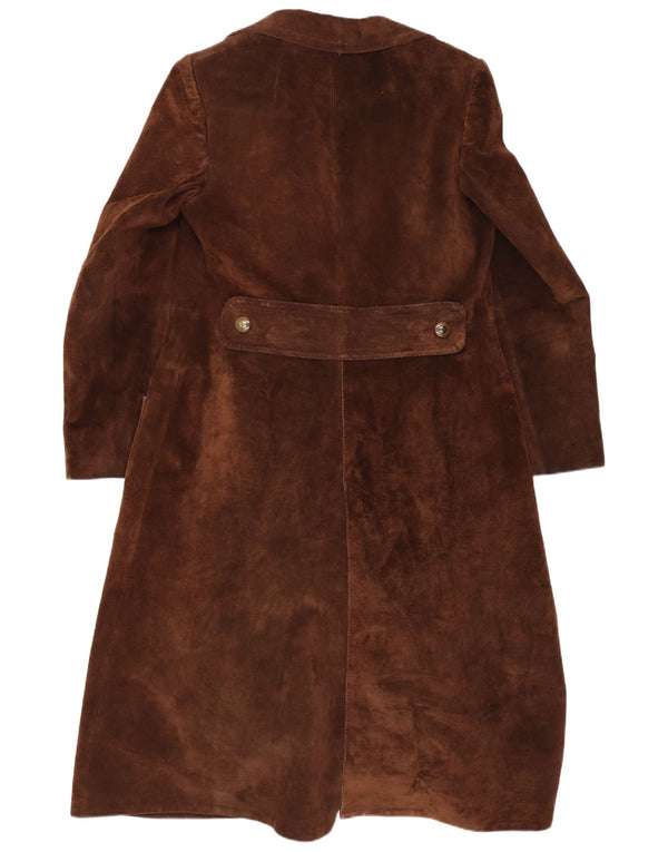 vintage Femmes Daim Double Breasted Coat UK 10 Petit Brun