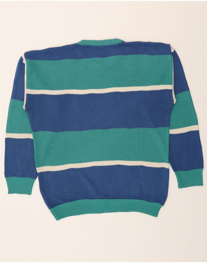 vintage Mens Crew Neck Jumper Pull Grand Bleu Rayé