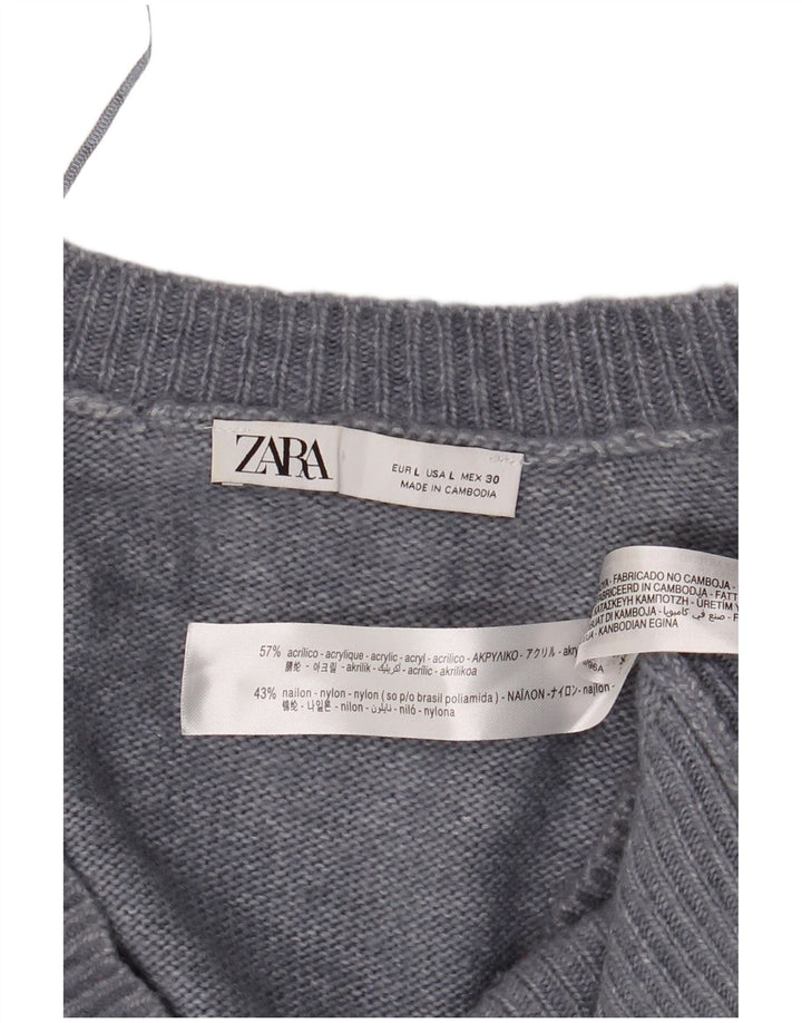 Zara Pull surdimensionné à col en V pour femme UK 16 Large Gris Acrylique