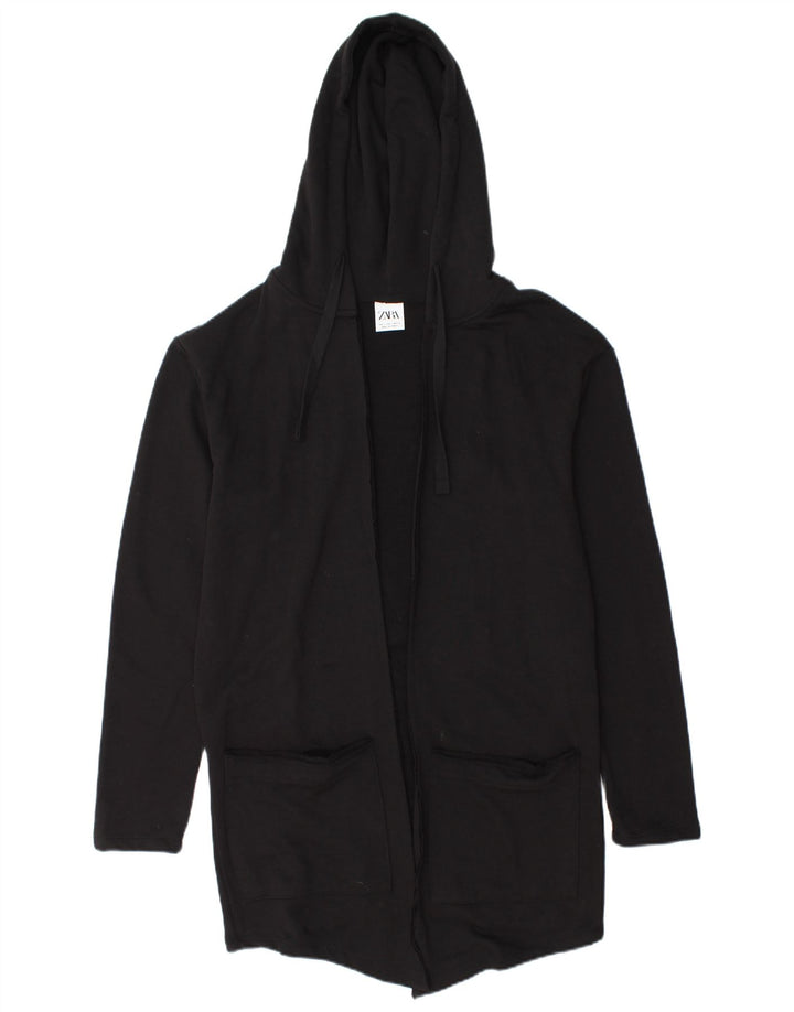 ZARA Femme Longline Cardigan à capuche Pull UK 10 Petit Noir Coton