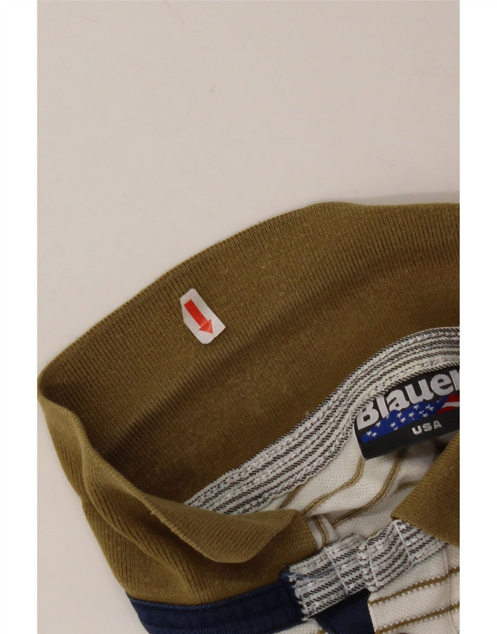 BLAUER Mens Polo Shirt Large White Striped Cotton