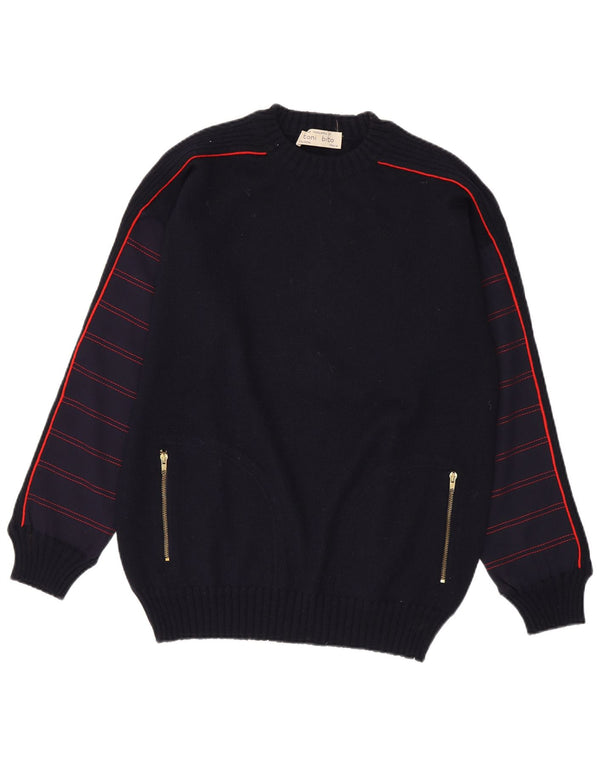 vintage Mens Crew Neck Jumper Pull Moyen Bleu Marine Rayé