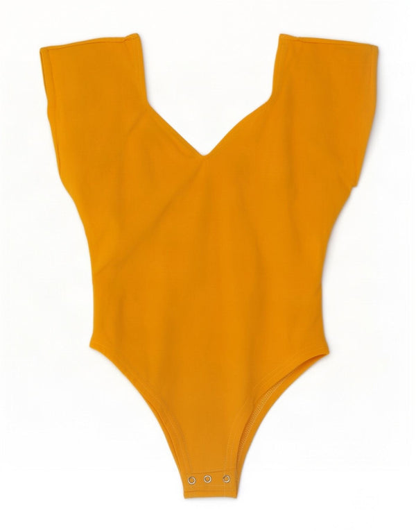 vintage Femme Body sans manches UK 12 Coton Jaune Moyen