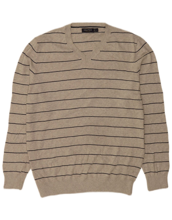 Nautica Pull col V pour homme en coton rayé gris Taille L