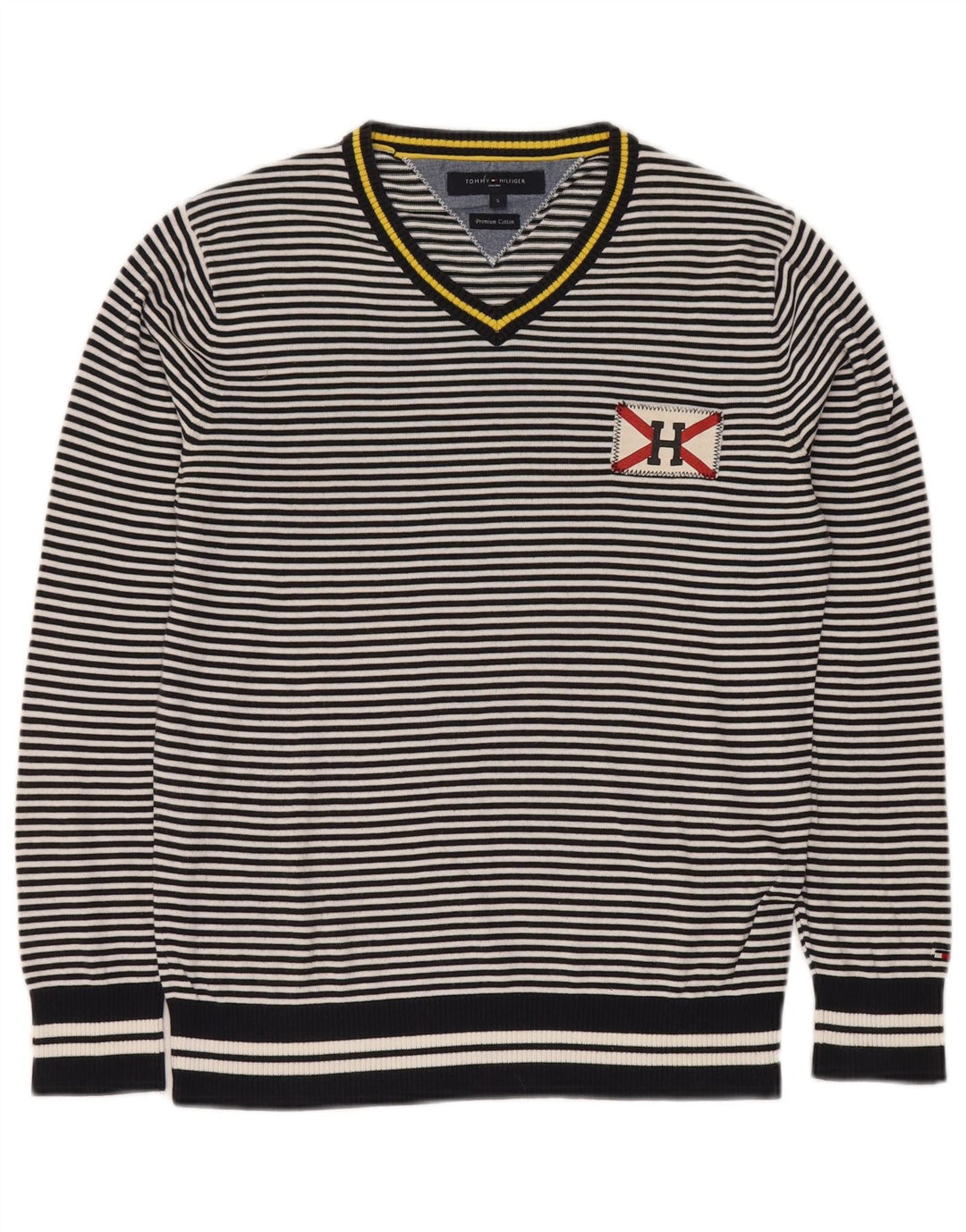 TOMMY HILFIGER Pull col en V pour homme Petit coton rayé bleu marine