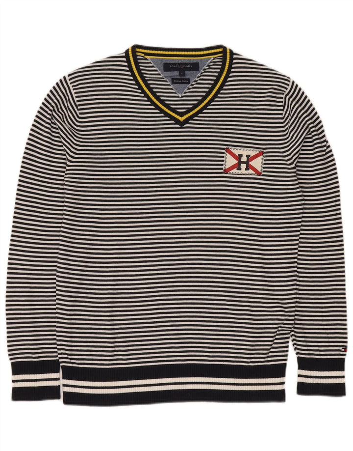 TOMMY HILFIGER Pull col en V pour homme Petit coton rayé bleu marine