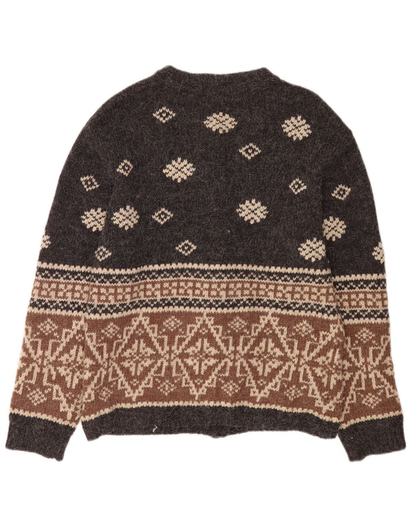 Eddie Bauer Womens Cardigan Sweater UK 14 Medium Grey Fair Isle Wool
