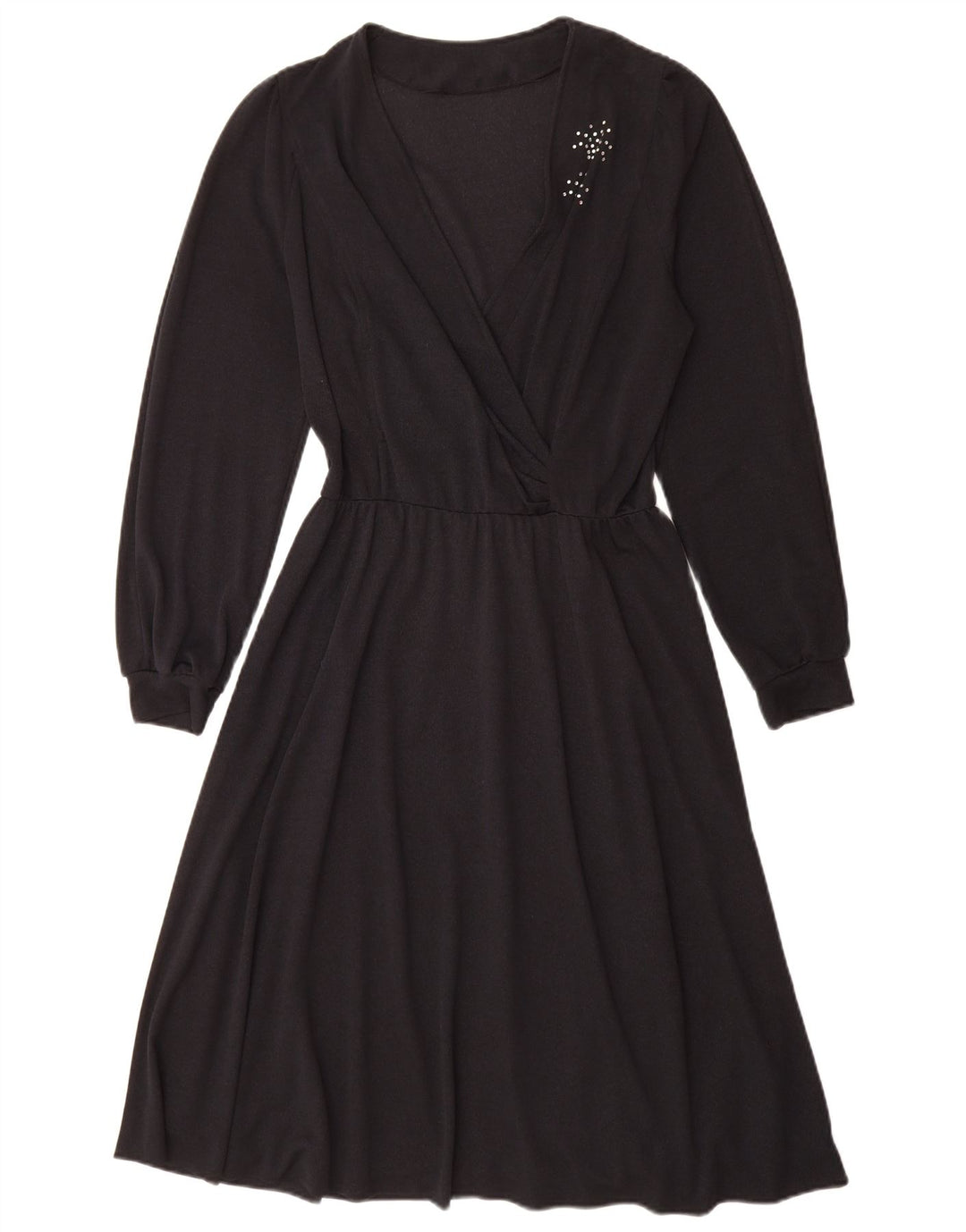 vintage Femme Robe portefeuille à manches longues UK 14 Moyen Noir