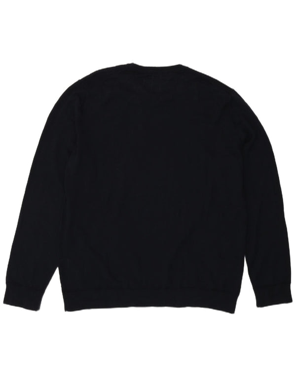 Benetton Mens Graphic Crew Neck Jumper Sweater 2XL Navy Blue Cotton