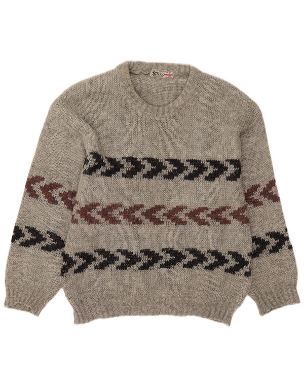vintage Mens Crew Neck Jumper Pull Taille 40 Gris Moyen Rayé