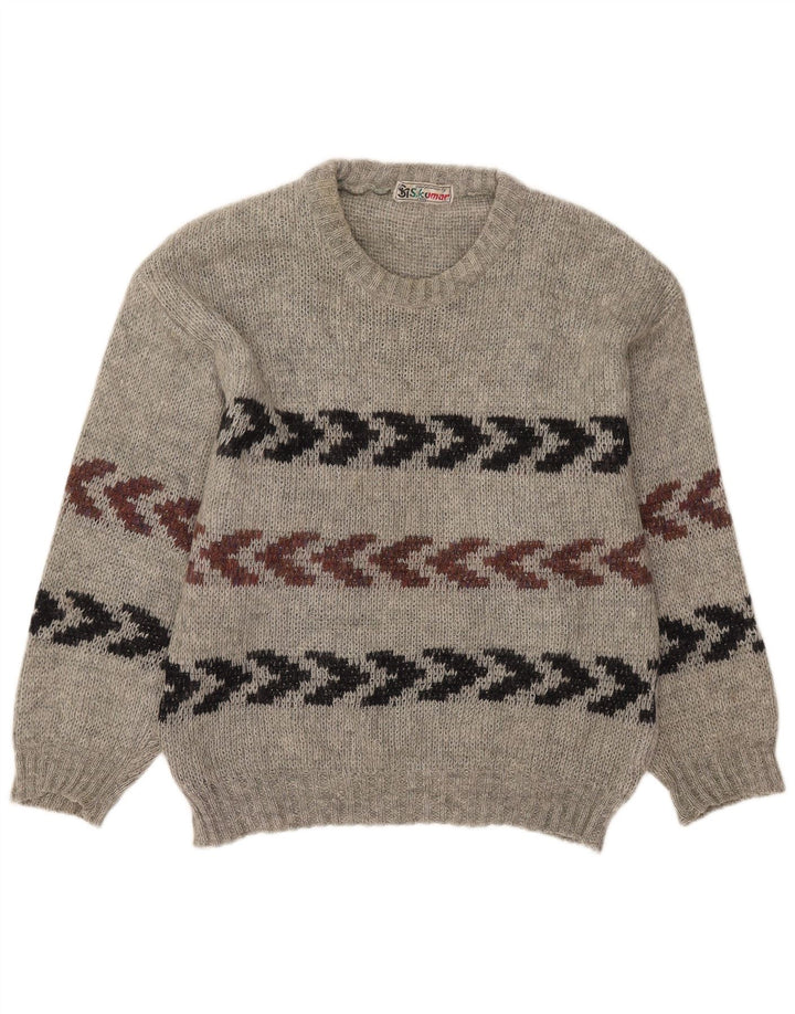 vintage Mens Crew Neck Jumper Pull Taille 40 Gris Moyen Rayé