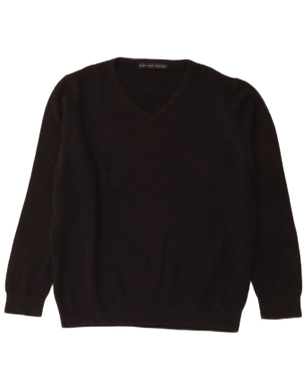 Zara Pull col V pour homme en coton noir Large