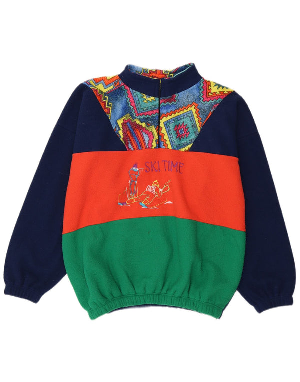 vintage Mens Graphic Zip Neck Fleece Jumper Grand Bleu Marine Colorblock