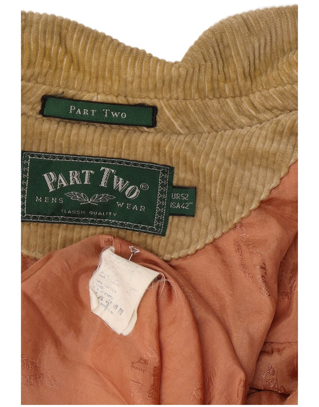 Part Two Veste blazer en velours côtelé à 3 boutons pour homme US 42 XL Coton beige