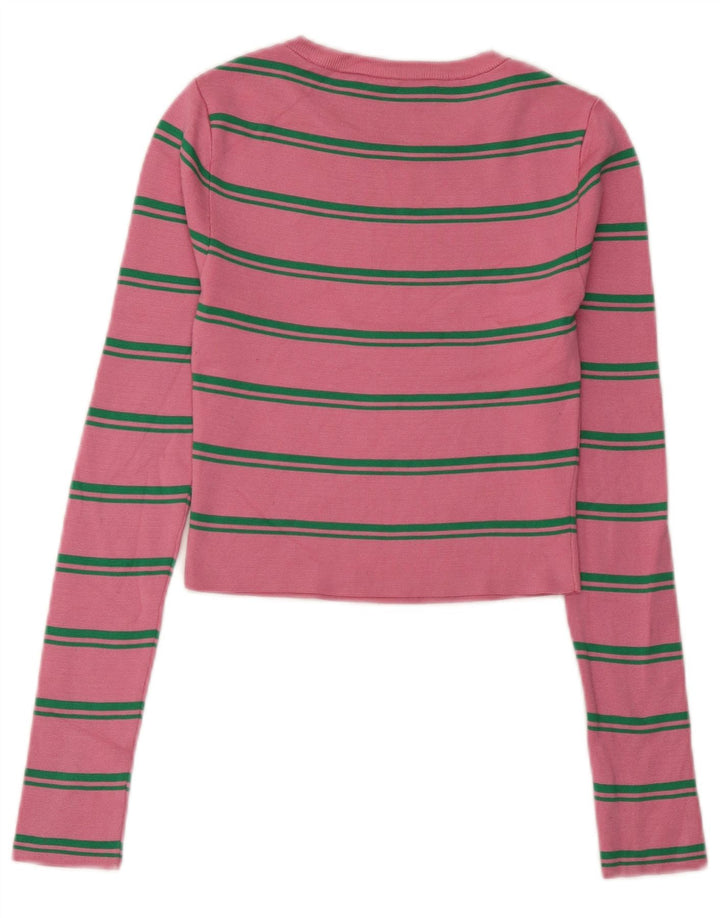 Zara Femme Crop Top Manches Longues UK 8 Petit Rose Rayé Polyamide