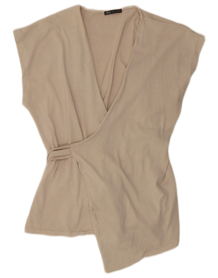 Zara Womens Wrap Blouse Top UK 16 Grand Coton Beige