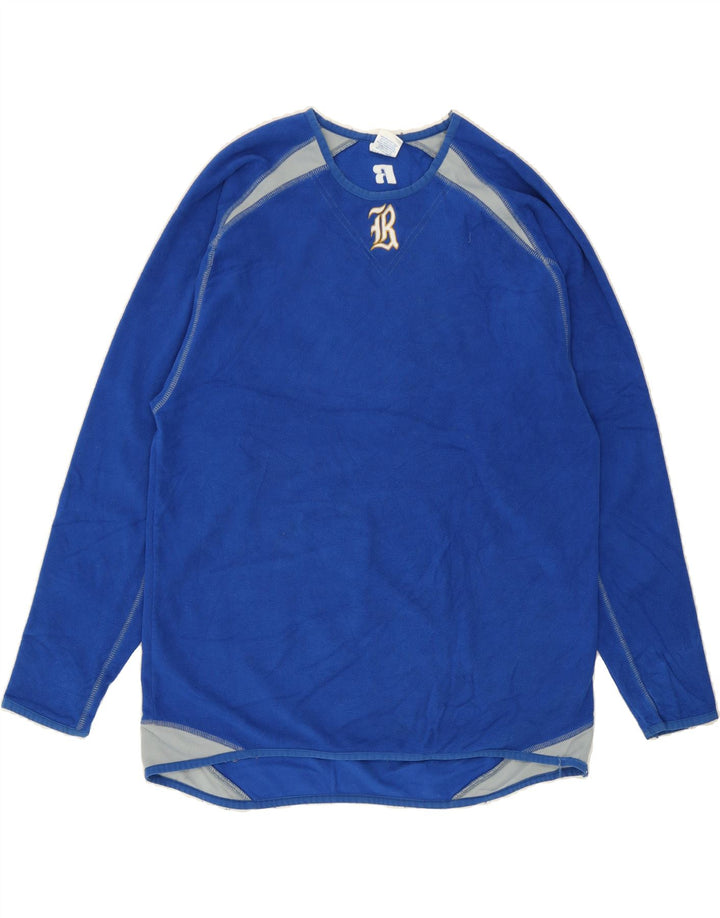 RUSSELL ATHLETIC Mens Fleece Jumper Large Blue Colourblock Polyester Vintage Russell Athletic and Second-Hand Russell Athletic from Messina Hembry 