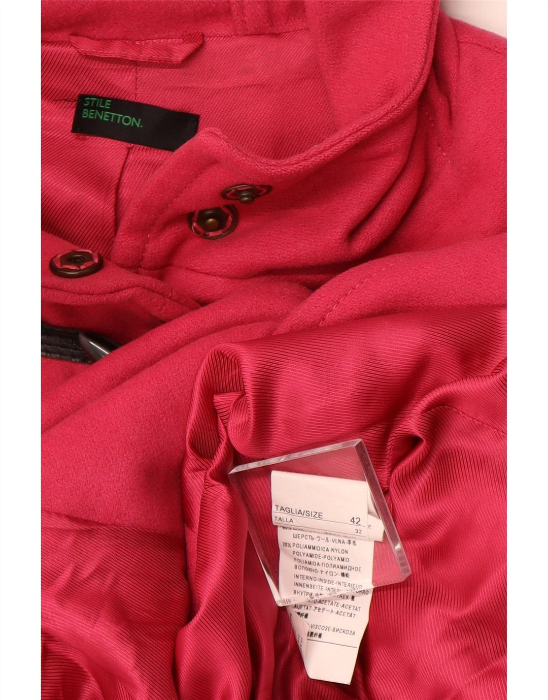 BENETTON Womens Hooded Duffle Coat IT 42 Medium Pink Wool