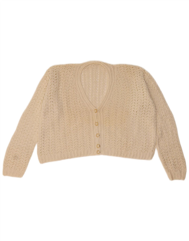 vintage Femmes Crop Cardigan Pull UK 14 Moyen Blanc