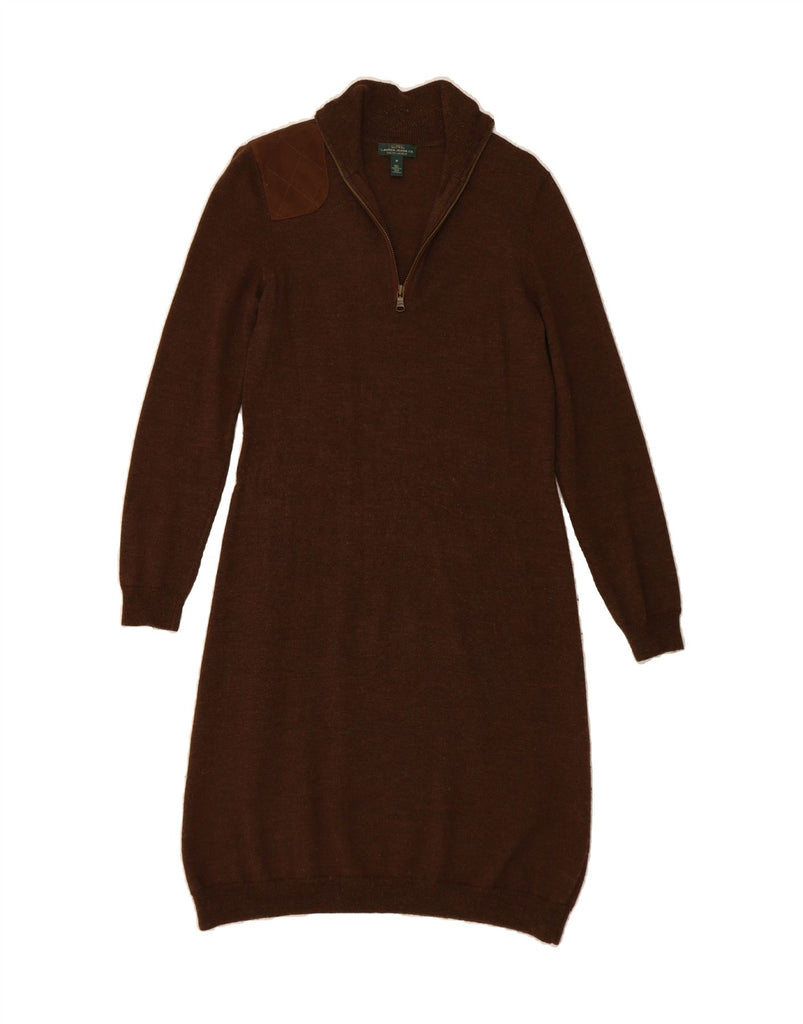 RALPH LAUREN Womens Zip Neck Jumper Dress UK 12 Medium Brown Merino Wool Vintage Ralph Lauren and Second-Hand Ralph Lauren from Messina Hembry 