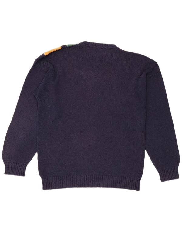 vintage Mens Crew Neck Jumper Pull Grand Bleu Marine Argyle/Diamond Coton