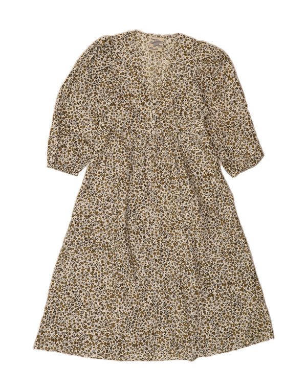 VINTAGE Femme 3/4 Manches Maxi Robe EU 38 Coton Floral Beige Moyen