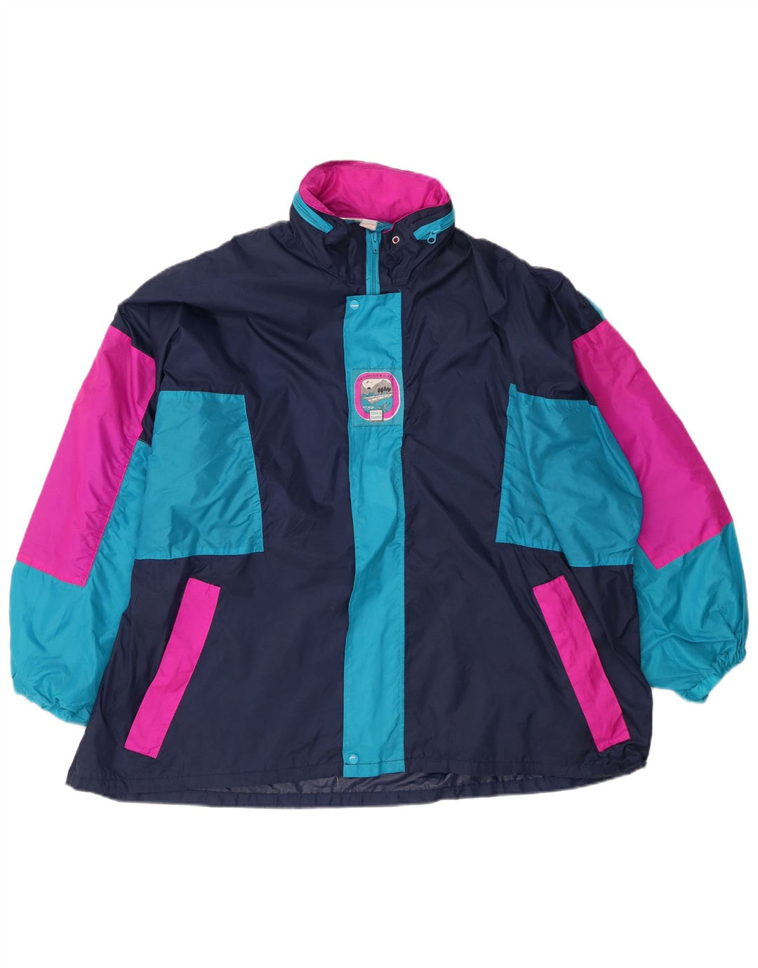 Veste de pluie à capuche femme vintage UK 16 Grand colorblock bleu marine