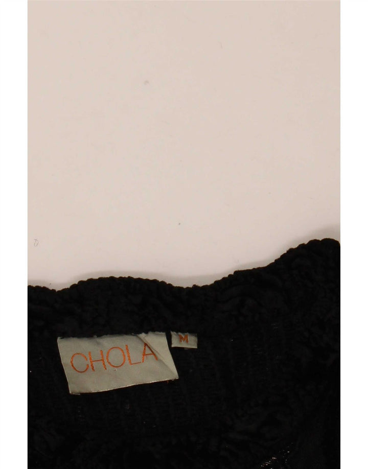 vintage Femmes Crochet Crop Top UK 14 Moyen Noir