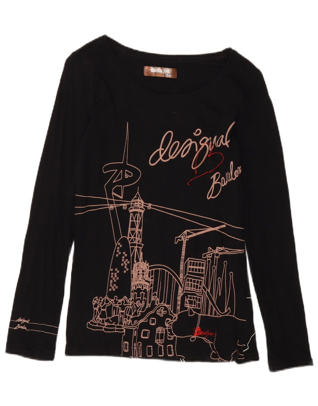 Desigual Femme Barcelona Graphic Top Manches Longues UK 12 Coton Noir Moyen