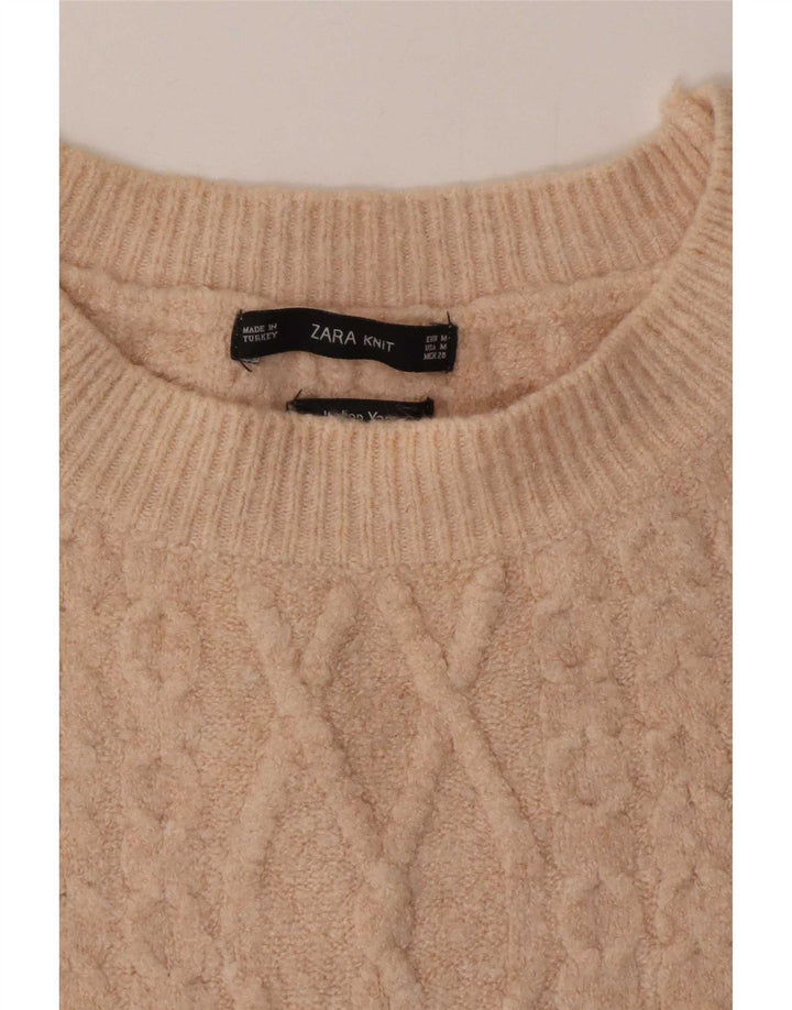 Zara Pull long à col rond pour femme Beige moyen UK 14