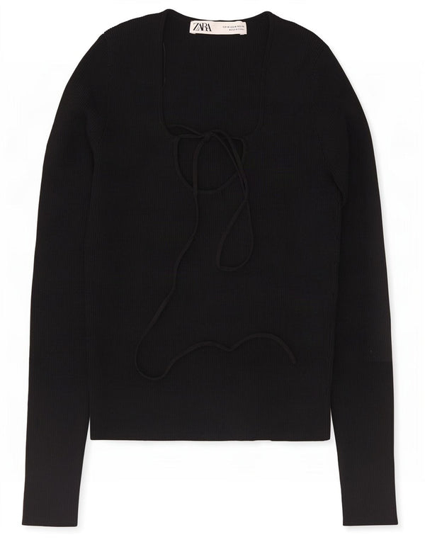 Zara Womens Crop Top Manches Longues UK 12 Medium Noir Viscose