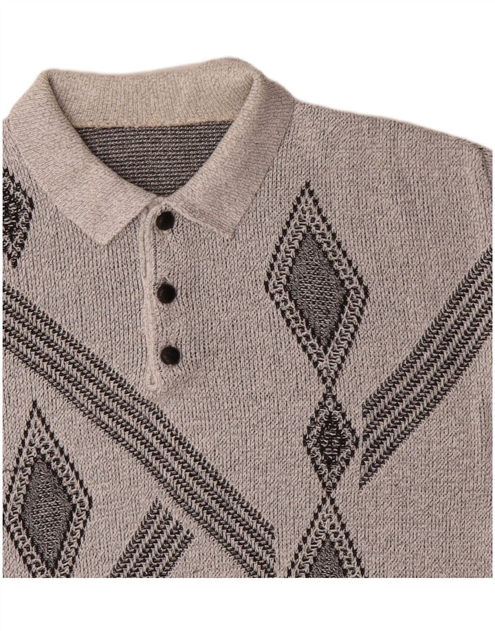 vintage Mens Polo Neck Jumper Pull Moyen Gris Géométrique