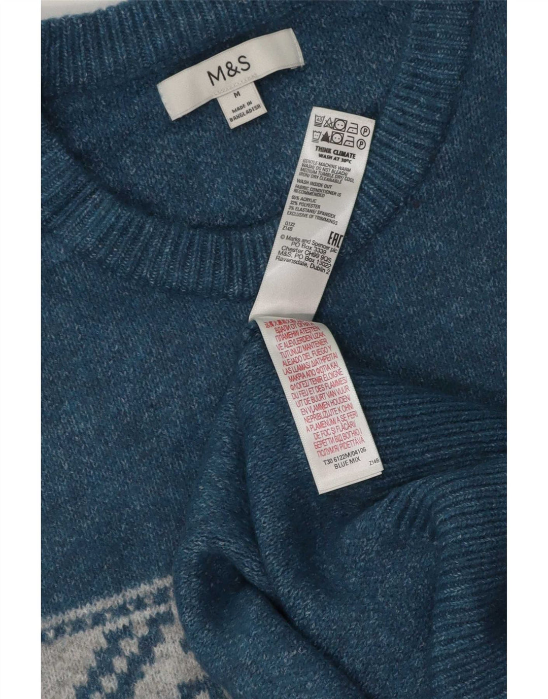 Marks & Spencer Pull Col Bateau Homme Bleu Moyen Fair Isle Acrylique
