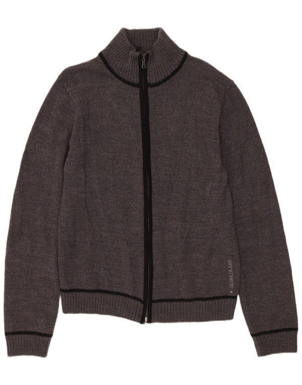 CALVIN KLEIN JEANS Pull Cardigan Femme UK 10 Petite Laine Vierge Grise