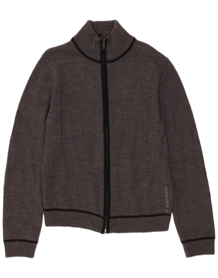 CALVIN KLEIN JEANS Pull Cardigan Femme UK 10 Petite Laine Vierge Grise