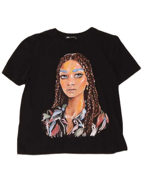 Zara Womens Graphic T-Shirt Top UK 16 Grand Noir Coton