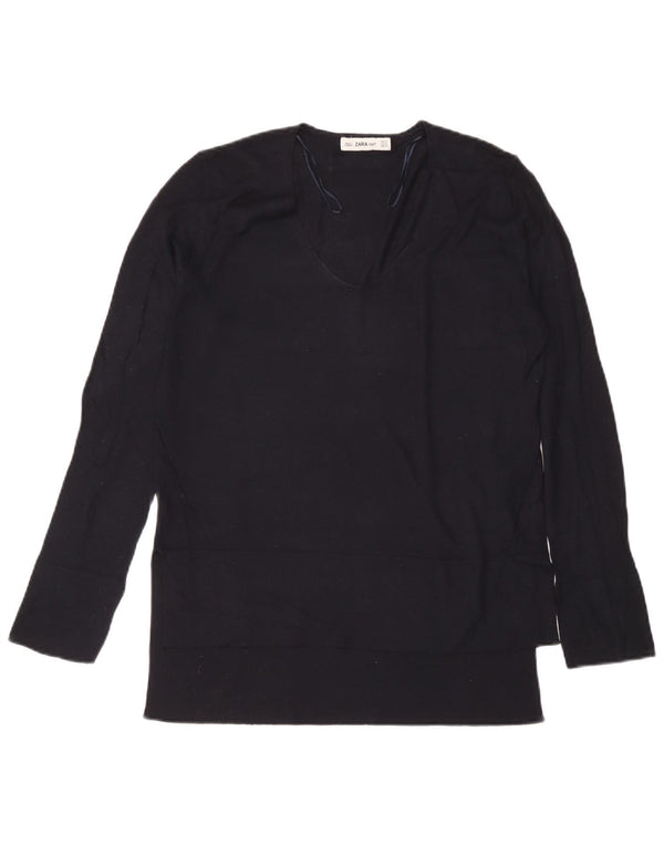 Zara Femme Top Manches Longues UK 14 Medium Bleu Marine Viscose