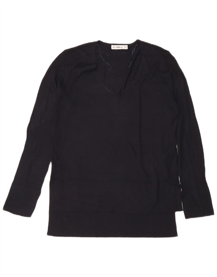 Zara Femme Top Manches Longues UK 14 Medium Bleu Marine Viscose