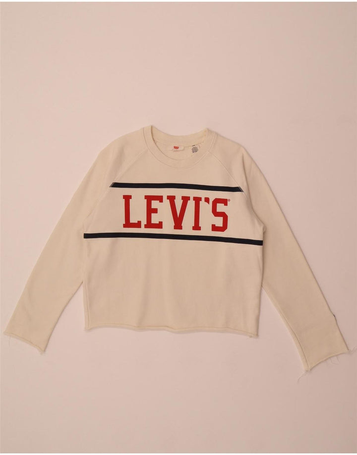 LEVI'S Womens Crop Graphic Sweatshirt Jumper UK 14 Medium Off White Cotton