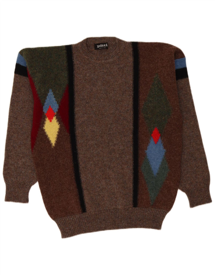 vintage Mens Crew Neck Jumper Pull Grand Marron Argyle/Diamond Laine
