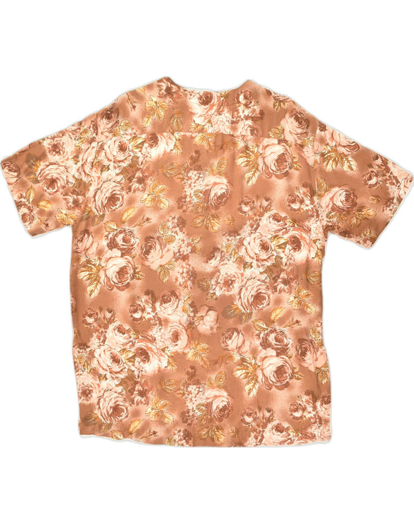 VINTAGE Chemisier chemise à manches courtes femme UK 12 Viscose florale marron moyen