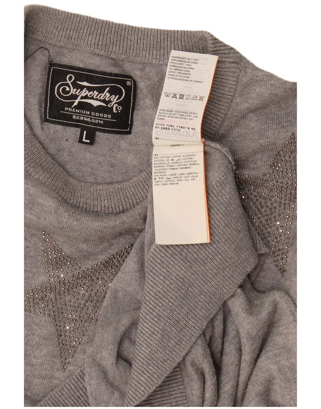 Superdry Pull à col rond à motif abstrait pour femme UK 16 Large Gris