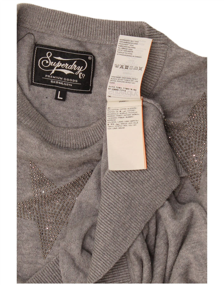 Superdry Pull à col rond à motif abstrait pour femme UK 16 Large Gris
