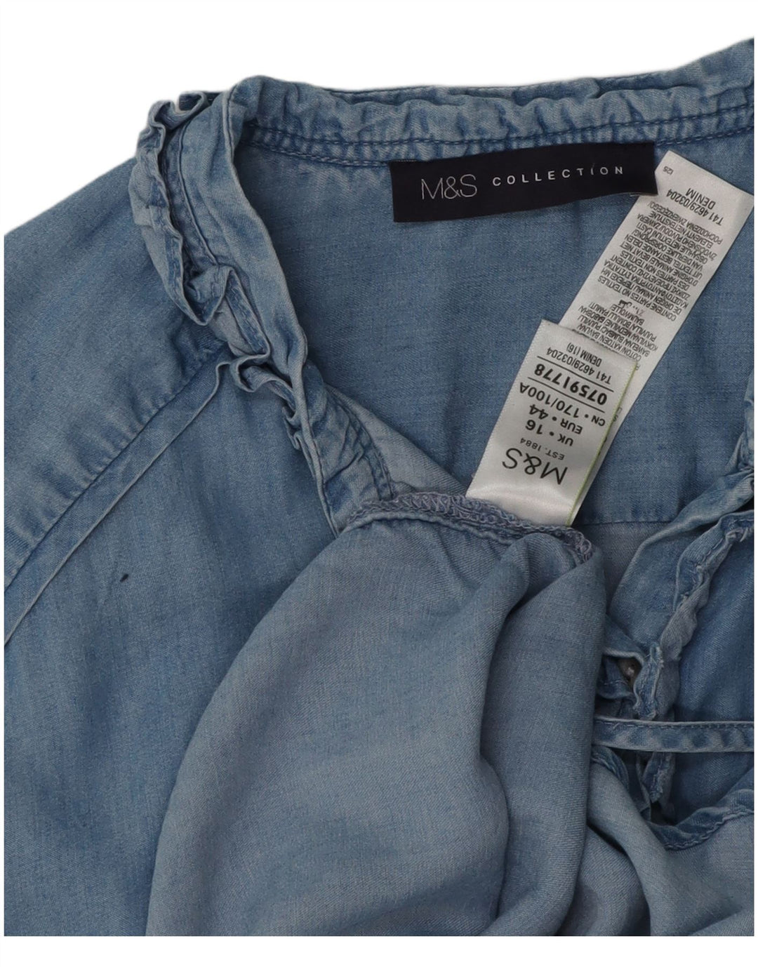 Marks & Spencer Chemise en jean surdimensionnée à volants sur le devant pour femme UK 16 Large Bleu