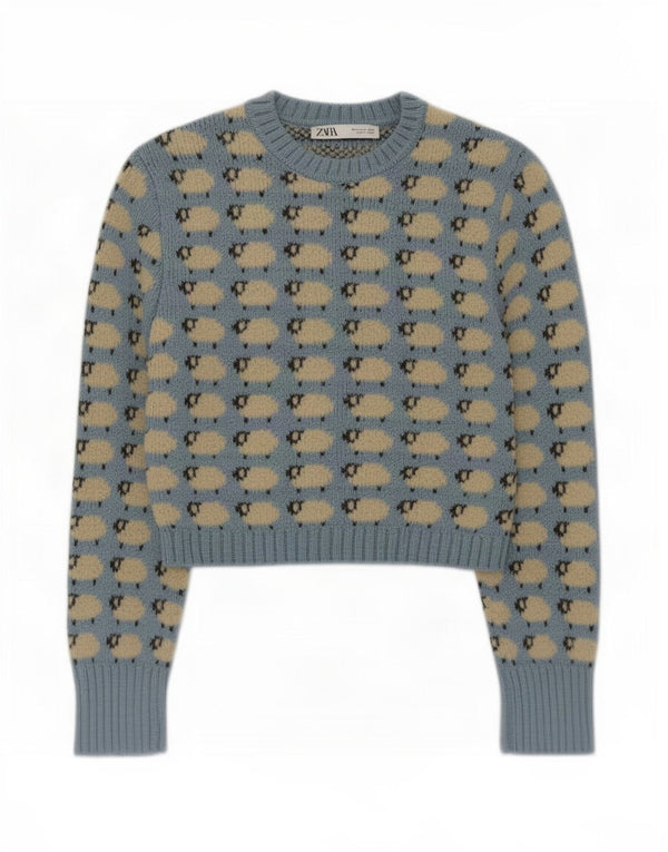 Zara Pull court à col rond pour femme UK 12 Bleu moyen Imprimé animal