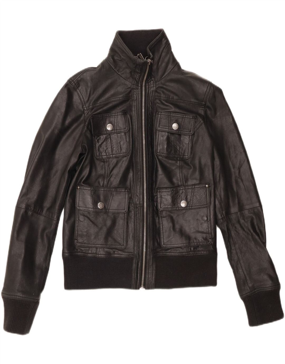 BERSHKA Veste en cuir crop pour femme UK 14 Grand cuir noir