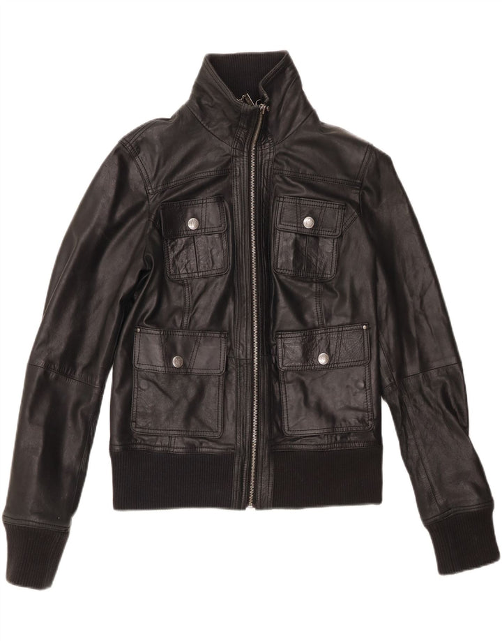 BERSHKA Veste en cuir crop pour femme UK 14 Grand cuir noir