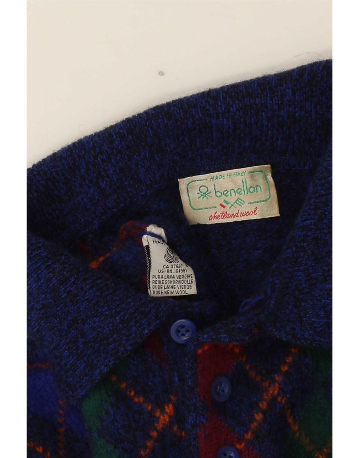 Benetton Pull à col polo pour homme IT 48 Small Bleu Argyle/Diamond Laine