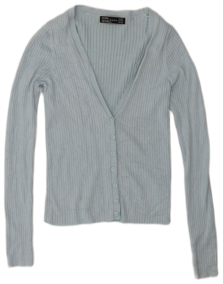 Zara Cardigan Femme Pull UK 12 Rayonne Bleu Moyen
